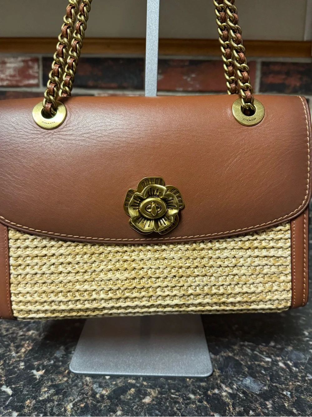 Coach Parker 18 69624 Tea Rose Straw Leather Chain Shoulder Bag Crossbody Rare